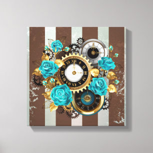 Toile Steampunk Clock and Turquoise Roses on Striped