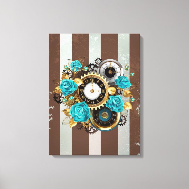 Toile Steampunk Clock and Turquoise Roses on Striped (Recto)