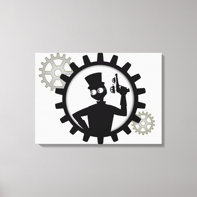 Toile Steampunk Man Holding Gun Dans Gear Wrapped Canvas (Recto)