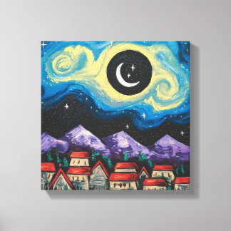 Toile Stress Night Crescent Moon Over Village Art Imprim