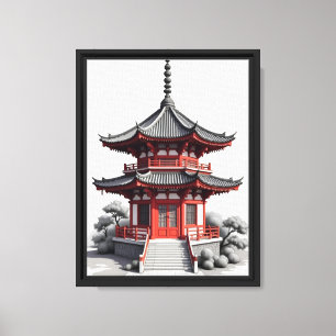 Toile Style encre de pagode rouge - Temple japonais