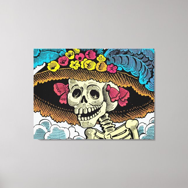 Toile Sugar Skull Lady in Floral Sun Hat Pop Art Graphic (Recto)