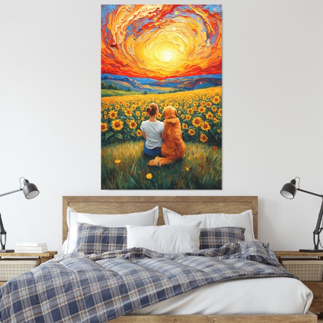 Toile Sunflower Field Sunset Dog and Girl Art (Insitu(Chambre))