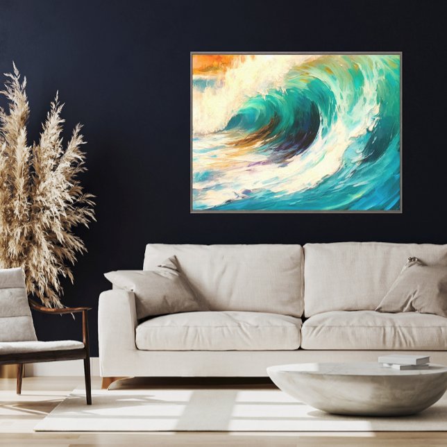 Toile Sunset Wave Bold Ocean Art Turquoise et Burning Or (Crashing Ocean Waves Teal and Burnt Orange Abstract Coastal Canvas Art)