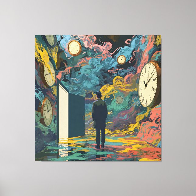 Toile Surreal Figure Room Swirling Clocks Smoke Wall Art (Recto)