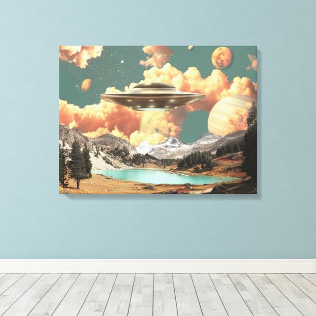 Toile Surreal UFO Above Mountain Lake with Planets (Insitu (Plancher de Bois))