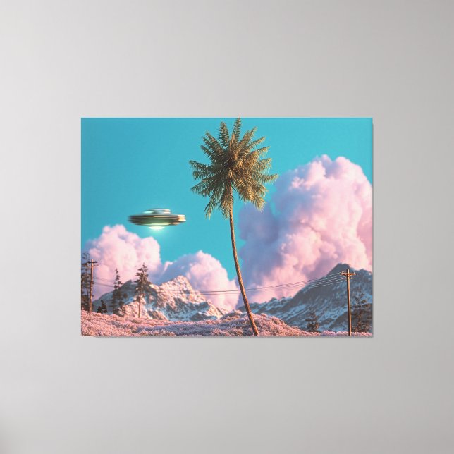 Toile Surreal UFO and Palm Tree Mountain Scene (Recto)