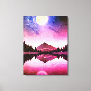 Toile Surréaliste nuit paysage montagnes sous la lune