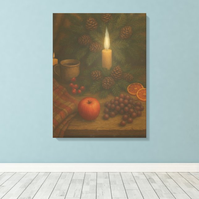 Toile Table Évergreen – Lumière de Chandelle et Sérénité (Insitu (Plancher de Bois))