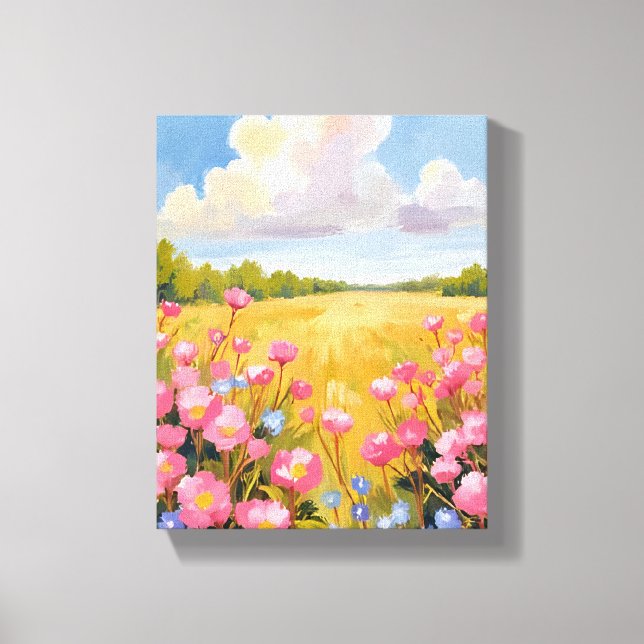Toile Tableau de paysage de champ de fleurs roses (Recto)
