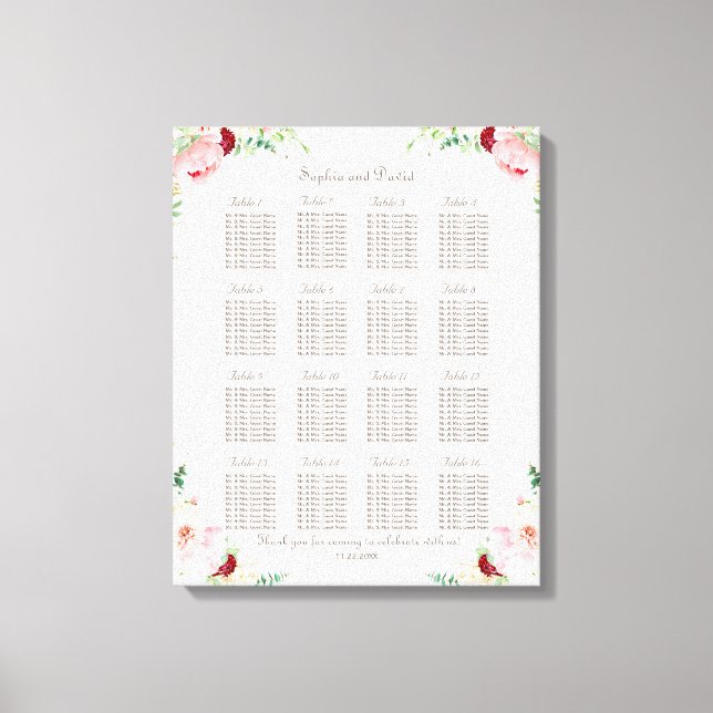 Toile Tableau de placement de mariage aux pivoines aquar (Recto)