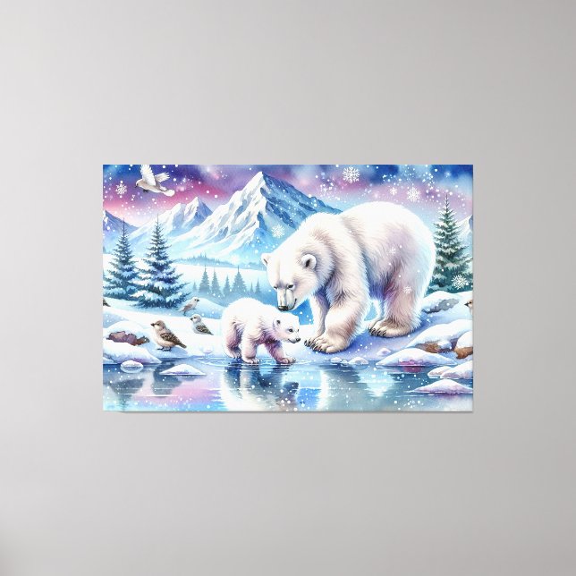 Toile Tableau de scène enneigée de famille d'ours polair (Recto)