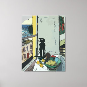 Toile Tableau par fenêtre avec chat noir