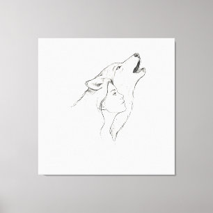 Toile Tapisserie Ligne Minimaliste Loup et Femme   Noir