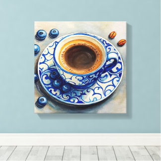 Toile Tasse à café bleu élégant avec des myrtilles – Réa