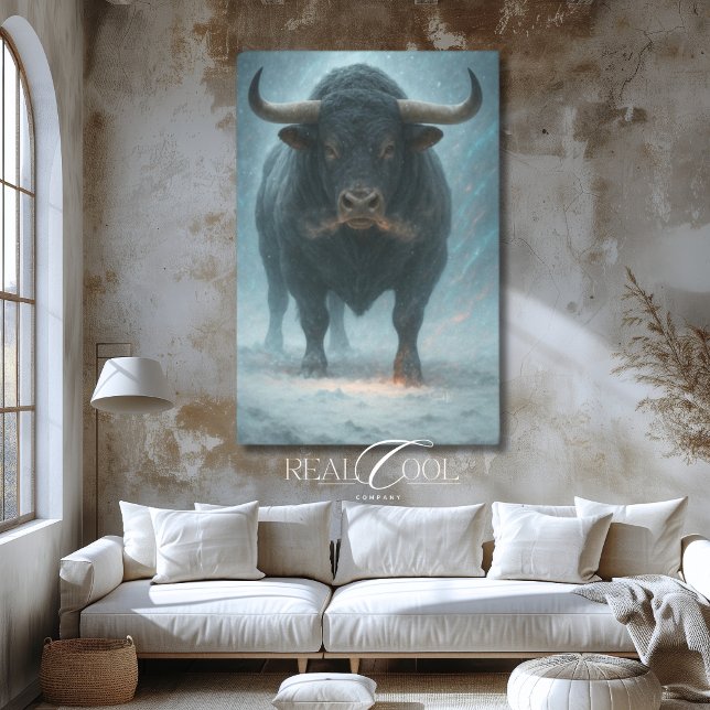 Toile Taurillon qui charge dans la neige Art occidental  (Charging Bull in Snow Winter Blue Western Art Canvas Print)
