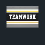 Toile TEAMWORK Sporty Gris Noir Orange Rayures de Course<br><div class="desc">Ce design sportif et athlétique présente un texte TEAMWORK gras à l'intérieur d'une large bande noire surlignée avec des doubles rayures de course blanches et orange sur fond de bandes extérieures grises. Le texte de ce design peut être personnalisé.</div>