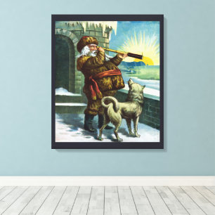 Toile Télescope Chien de Noël Père Noël Vintage Coucher 
