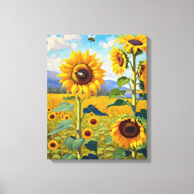 Toile Terrain de tournesol avec des abeilles occupées Ar (Recto)
