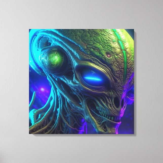 Toile Tête d'alien effrayant avec des yeux bleus brillan (Recto)