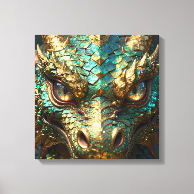 Toile Tête de dragon turquoise et or (Recto)