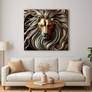 Toile Tête de Lion Métallique aux Yeux de Feu et Crinièr
