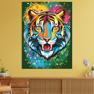 Toile Tête de tigre couleurs arc-en-ciel peinture taches