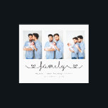 Toile Texte personnalisé du Modèle photo de famille LGBT<br><div class="desc">Ce dessin présente trois de vos photos préférées avec le texte "famille" ci-dessous dans un élégant script de calligraphie et vos noms et date en dessous #art #wallart #canvasart #walldéco #maison #décoration #maison #décoration #maison #photo #famille #lgbt #fierté#gay #lesbian #lgbtfamily</div>