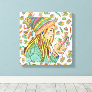 Toile Thème Fille Chapeau Boho