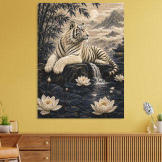 Toile Tigre blanc au bord d'un étang de lotus – Paysage