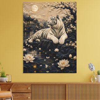 Toile Tigre blanc dans un étang de lotus au clair de lun