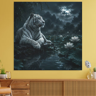 Toile Tigre blanc dans un étang de lotus au clair de lun