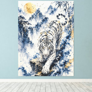 Toile Tigre blanc dans un paysage au lavis d'encre bleue
