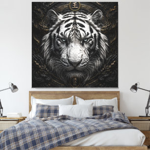 Toile Tigre blanc Emblème royal en relief noir or Luxe A