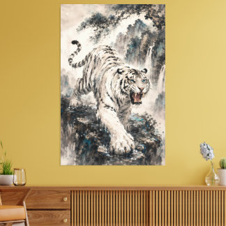 Toile Tigre blanc rugissant sur une falaise de montagne 