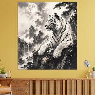 Toile Tigre Blanc se Reposant sur une Falaise Encre Tr
