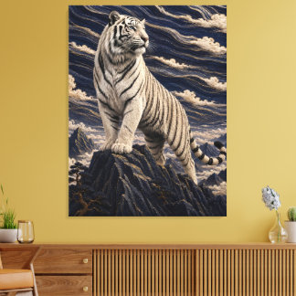 Toile Tigre blanc sous des nuages brodés – Bleu marine M