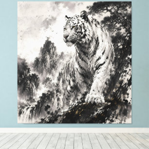 Toile Tigre blanc sur falaise montagneuse Encre tradit