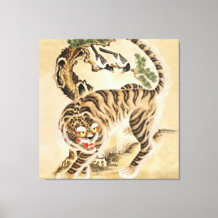 Toile Tigre Minhwa vintage sous un pin