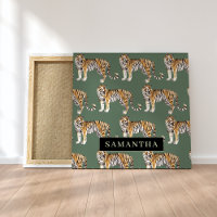 Tigres d'aquarelle verte tropicale Motif avec nom