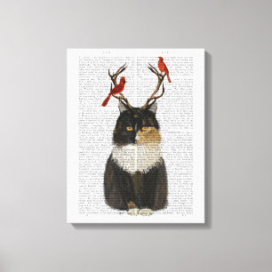 Toile Tortoiseshell Cat with Antlers and Red Birds
