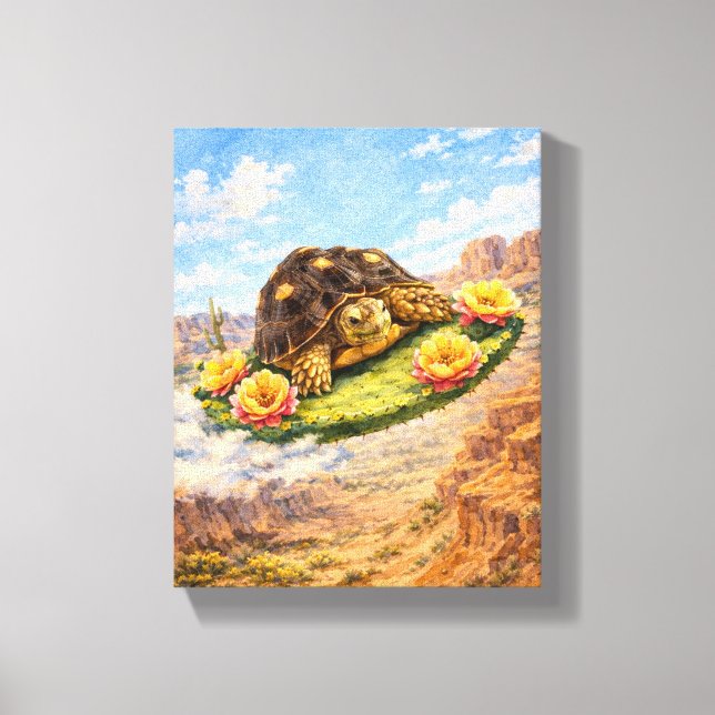 Toile Tortue à l'aquarelle volant sur un coussin de cact (Recto)