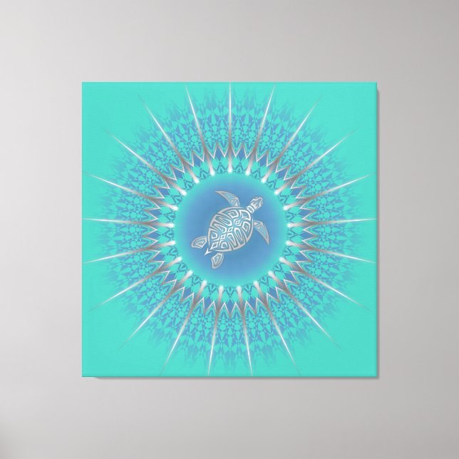Toile Tortue argentée turquoise mandala côtier (Recto)