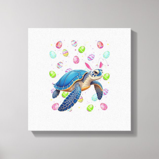 Toile Tortue de mer Joyeuses Pâques Chasse aux œufs Lapi (Recto)