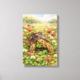 Toile Tortue Sulcata aquarelle avec trèfle porte-bonheur