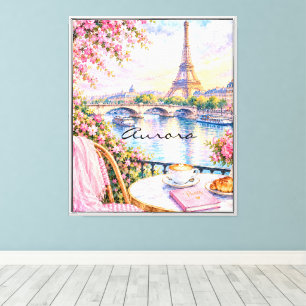Toile Tour Eiffel aquarelle florale rose Paris française