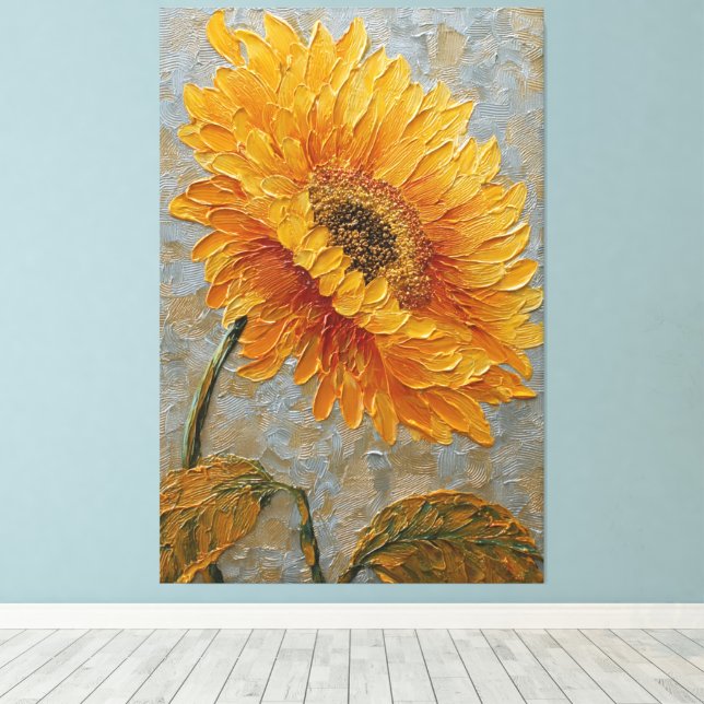 Toile Tournesol doré avec tourbillon d'argent sur un mur (Insitu (Plancher de Bois))