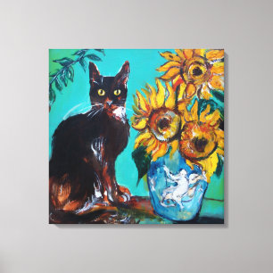 TOILE TOURNESOLS AVEC CHAT NOIR EN TURQUOISE BLEU