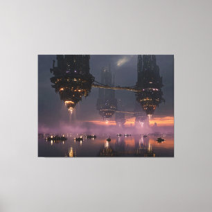 Toile Tours futuristes flottant au-dessus du port