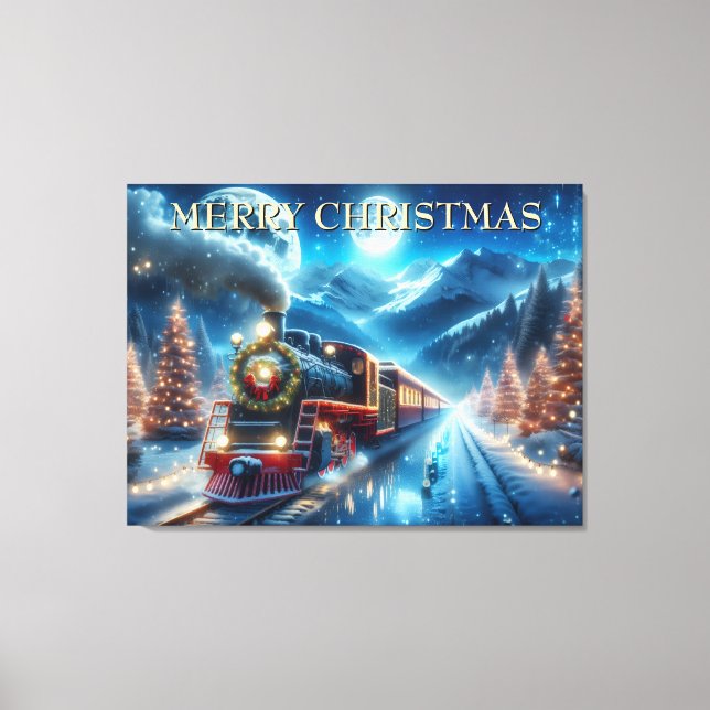 Toile Train de Noël avec couronne et pins enneigés (Recto)